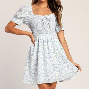 Lulus Blue White Floral Puff Sleeve Smocked Mini Dress